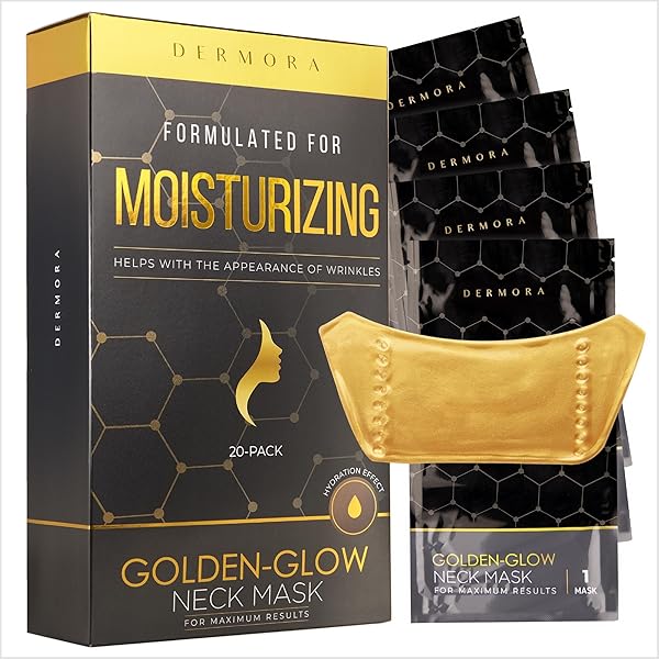 DERMORA SKIN TREATMENT MASK GOLDEN GLOW NECK MASK – 20 PACK NECK GEL MASKS – REJUVENATING NECK MASKS FOR TECH NECK, WRINKLES, TIGHTENING, FIRMING