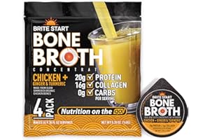 Brite Start Bone Broth - Chicken + Ginger & Turmeric - 4 Count - Keto Friendly Concentrate with 16g Collagen, 20g Paleo Protein - Made from Free Range Chicken Bones - Single Serve Packets
