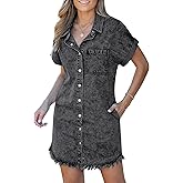 luvamia Denim Dress for Women Button Down Short Sleeves Casual Summer Jean Shirt Dresses with Pockets Frayed Hem