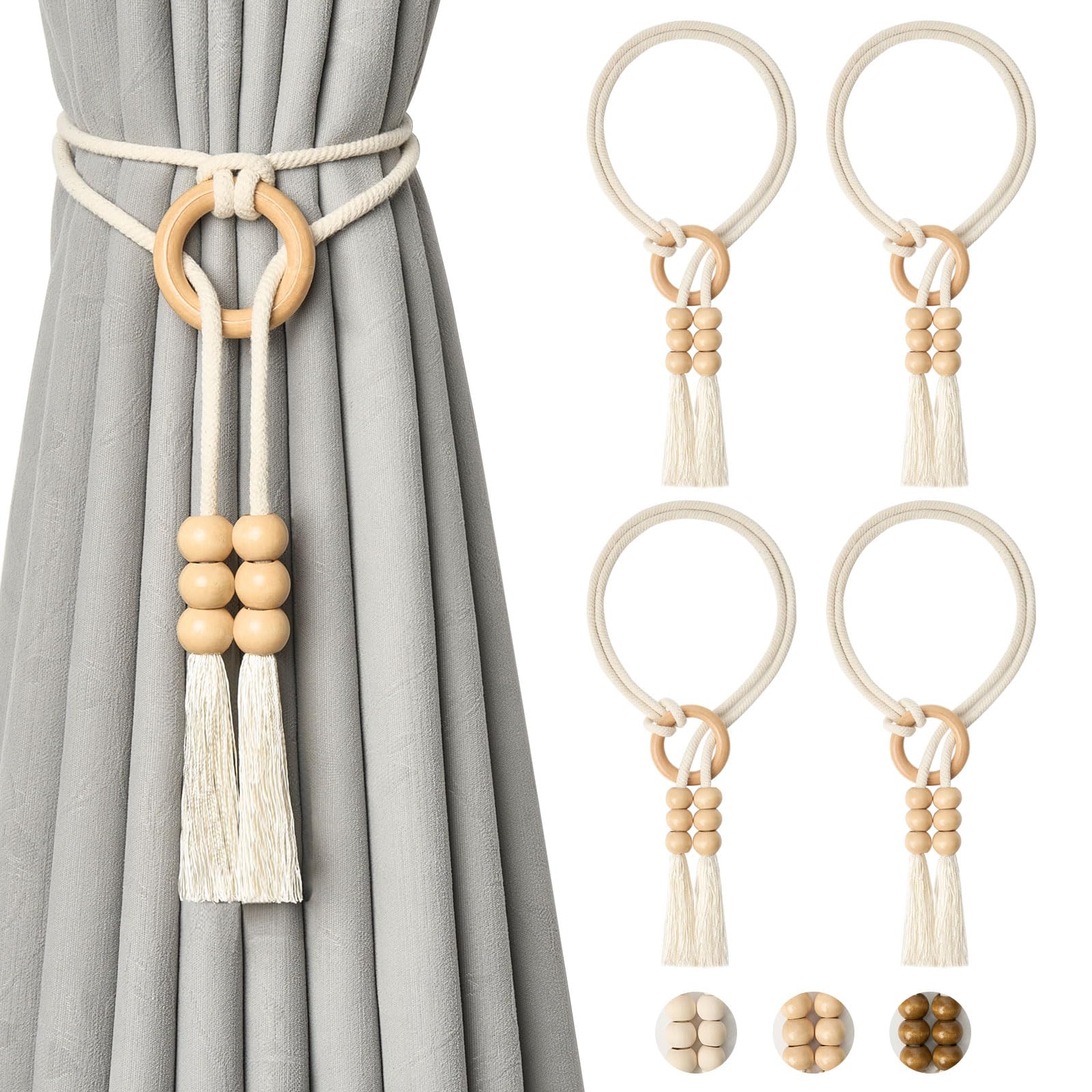 Pretty Jolly 4 Pack Natural Cotton Rope Curtain Tiebacks Boho Style Decorative Drape Tie Backs Elegant Hand Woven Rope Curtain Holdbacks with Wooden Ring for Home & Office Window Drapery (T-Yellow)
