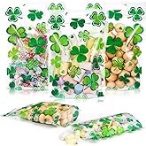 Frienda 60 Pcs St Patrick's Day Treat Bags Bulk Plastic Shamrock Zip Candy Bags Bulk Green Irish Party Favor Gifts with Handles for Saint Patrick's Day Leprechaun Birthday Party Supplies