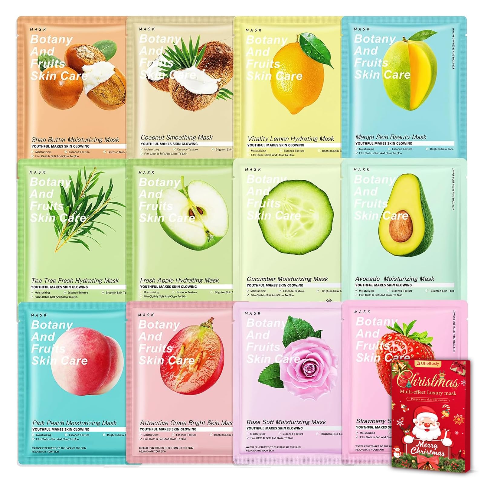 12 pcs Daily Care Face Sheet Mask,Hydrate,Moisturize,Soothe,masks beauty face mask set,Hydrating & Soothing Face Mask,for a lot of Skin Type,Multipack Sheet Masks Moisturizing Repairing-Xmas/Daily Box