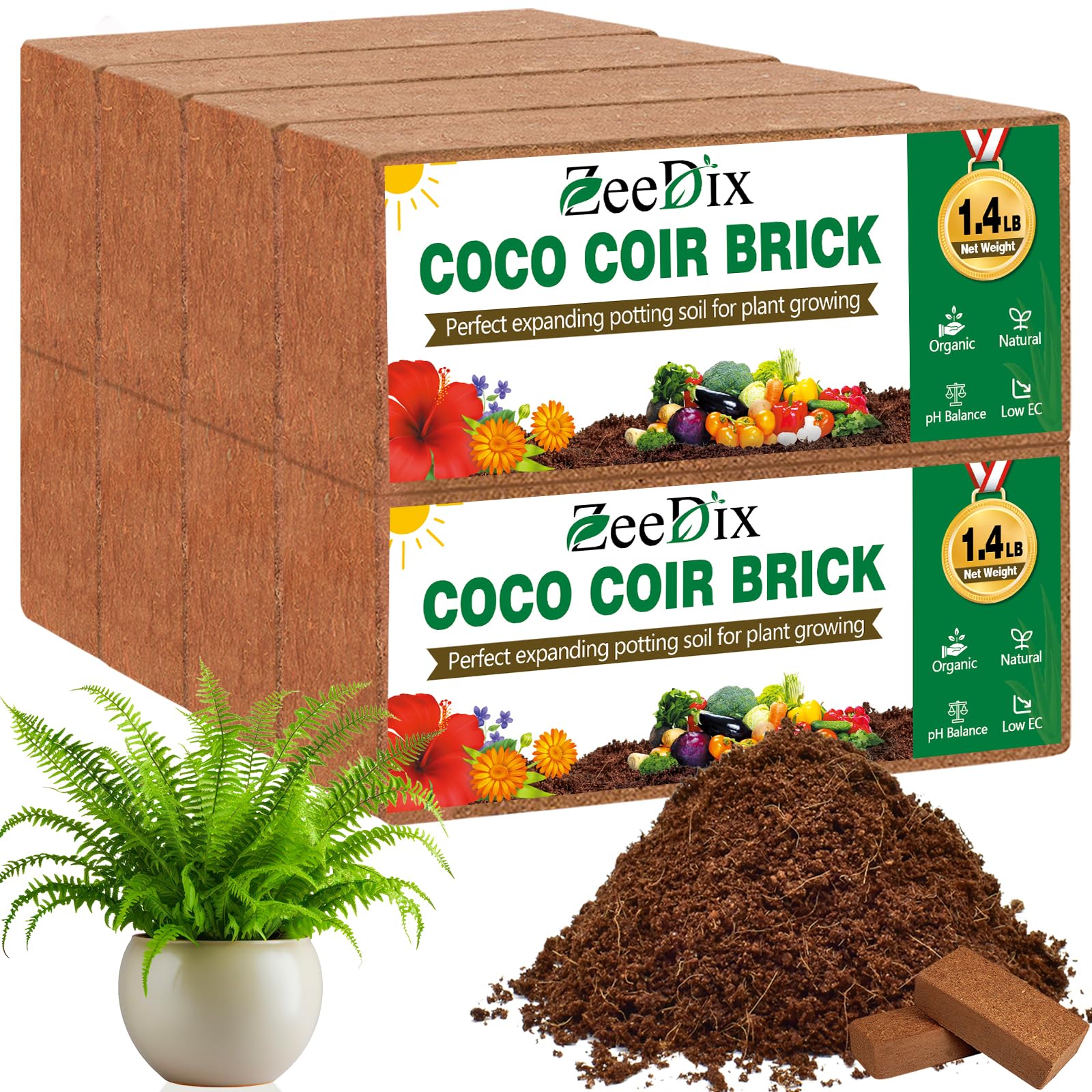 Photo 1 of ZeeDix 8 Pack Coco Coir Brick (11.2lbs), 100% Organic Coconut Coir for Garden Soil & Potting Mix, Low EC and pH Balance, Compressed Coconut Husk Fiber for Seed Starter Soil for Indoor Outdoor Plants