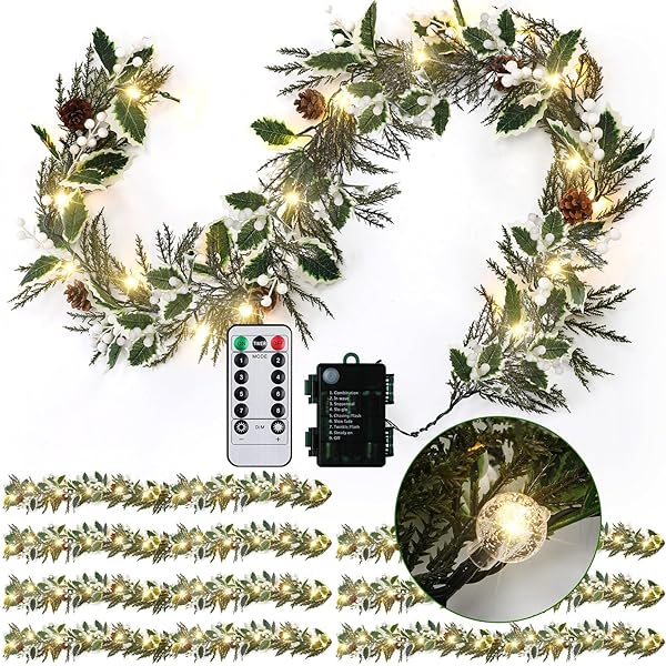 CEENNA 8 PACK 6 FT PRELIT CHRISTMAS GARLAND WITH GLOBE LIGHTS BATTERY OPERATED WITH TIMER REMOTE ARTIFICIAL LIGHTED HOLLY LEAVES GARLAND WITH PINE CONES BERRIES FOR MANTLE INDOOR OUTDOOR (WHITE)