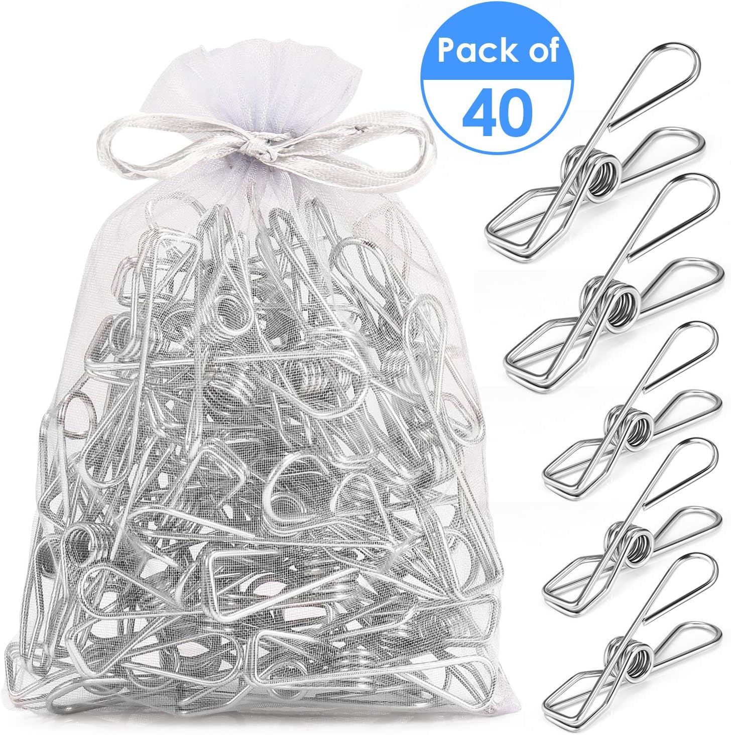 Fabsome Clothespins Chip Clips Pack of 40, Long-Lasting Strong-Grip Multi-Purpose Metal Clips for Clothes, Snack Bags, Washcloth, Pictures, Paper at House, Kitchen, Office, 2 Sizes, (Silver 40 Pcs)