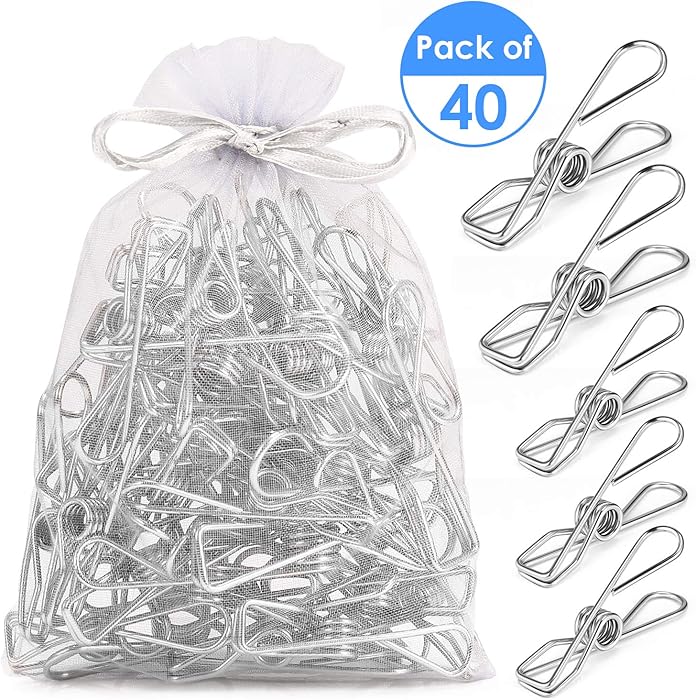 Fabsome Clothespins Chip Clips Pack of 40, Long-Lasting Strong-Grip Multi-Purpose Metal Clips for Clothes, Snack Bags, Washcloth, Pictures, Paper at House, Kitchen, Office, 2 Sizes, (Silver 40 Pcs)