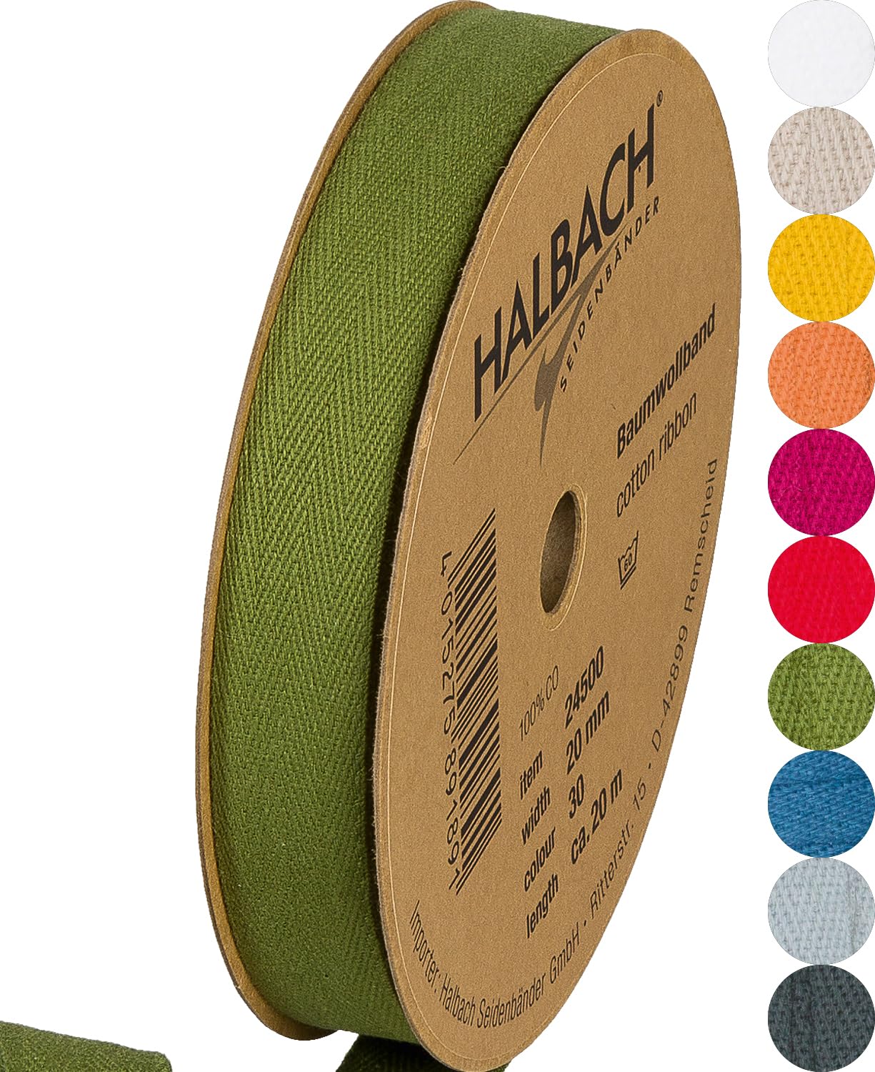 Halbach Seidenbänder Cotton Ribbon 20 mm x m, Ribbons for Crafts Sold by The Metre, Fabric Ribbon for Decorations, Woven Ribbon, 100% Cotton, DIY Craft, Bias Binding Sewing Work, Colour: Green, 24500