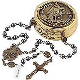 HanlinCC Hematite Black Stone Beads Saint Michael the Archangel Catholic Rosary Necklace with Gold Plated Metal Gift Box for Men Women