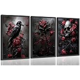 3Pcs Gothic Poster Wall Art Dark Academia Halloween Vintage Painting Picture Wall Decor Horror Atmosphere Black Red Rose Flower Crow Skull Canvas Print Artwork for Living Room Bathroom Home Decoration