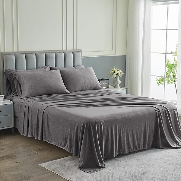 PURE BEDDING BED SHEETS – KING SHEET SET [6-PIECE, HEATHER DARK GREY] – HOTEL LUXURY 1800 BRUSHED MICROFIBER – SOFT AND BREATHABLE – DEEP POCKET FITTED SHEET, FLAT SHEET, PILLOW CASES