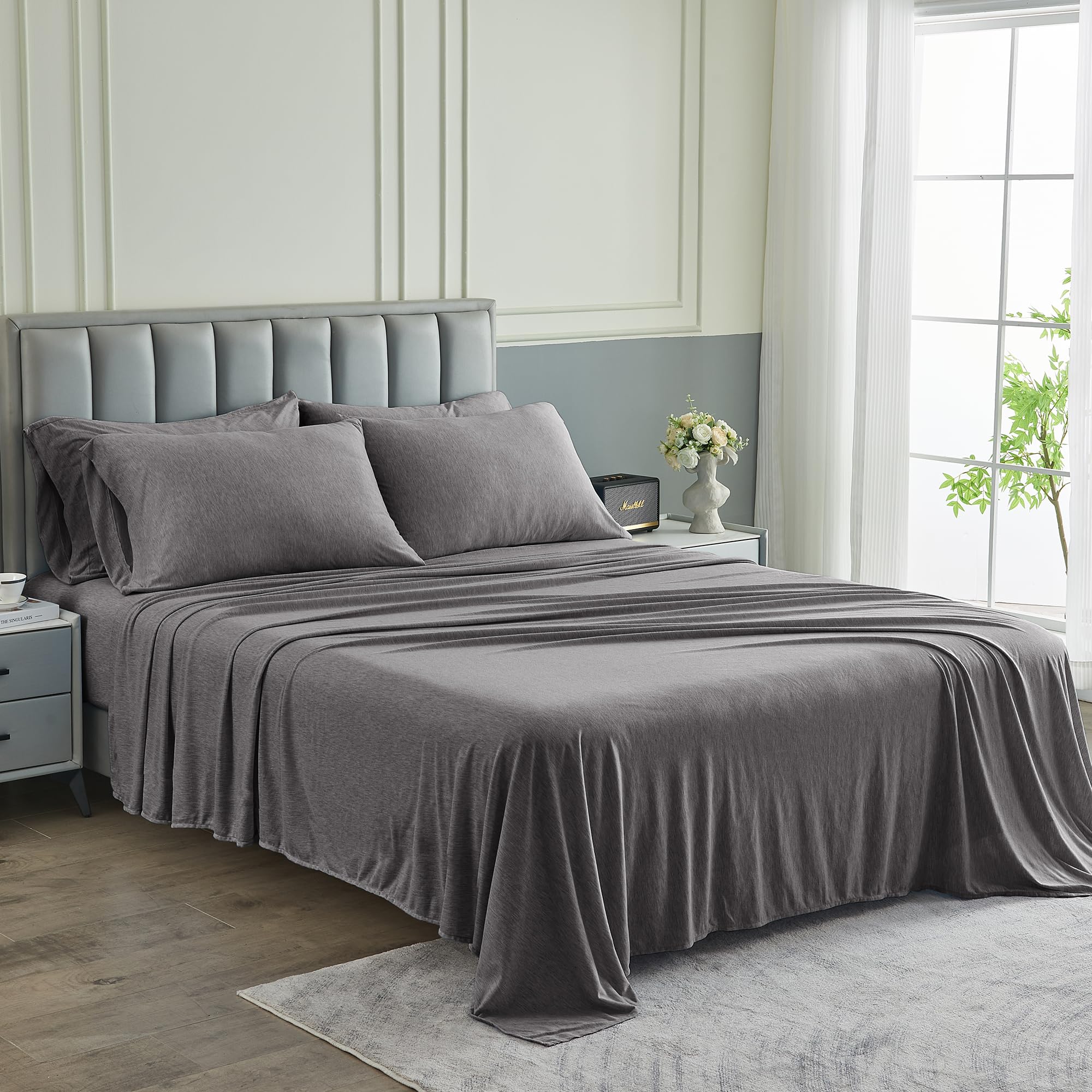 Pure Bedding Bed Sheets - Queen Sheet Set [6-Piece, Heather Dark Grey] - Hotel Luxury 1800 Brushed Microfiber - Soft and Breathable - Deep Pocket Fitted Sheet, Flat Sheet, Pillow Cases Image