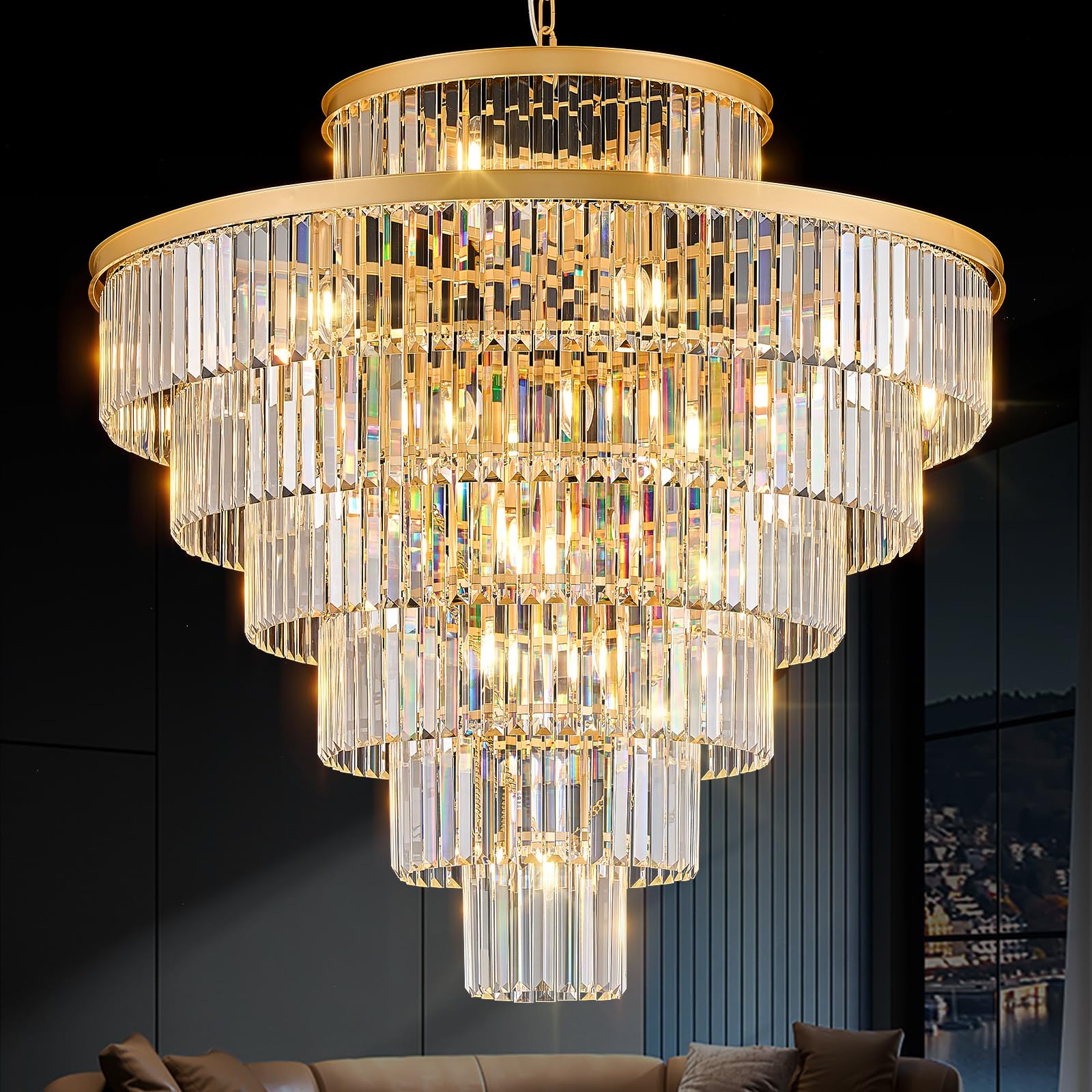 Photo 1 of **BEND DAMAGE ON FRAME**aMERINEA Crystal Chandeliers Large 40" 28 Lights Modern Round Chandelier Luxury Gold 7-Tier K9 Crystal Ceiling Pendant Lighting Fixture for Tall Ceiling Foyer Staircase Living Room