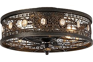 Vivlite Caged Ceiling Fans with Lights,Vintage Victorian Rustic Crystal Fandelier,Low Profile Flush Mount,Small Enclosed Bladeless Ceiling Fan with Light for Bedroom,Kitchen,Living Room,Dining Room