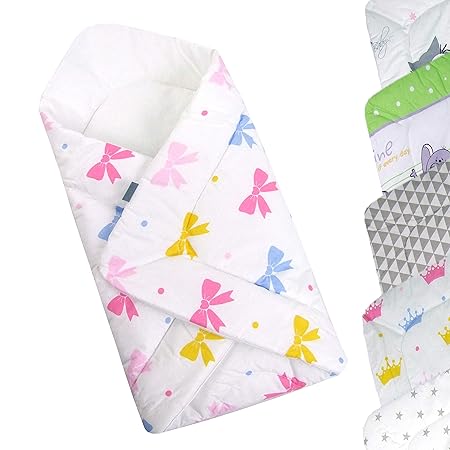 BAMBINIWELT Einschlagdecke, Babyhörnchenn, Decke für Kinderwagen, Baumwolle, Wickelunterlage (weiß rosa Scheifen)