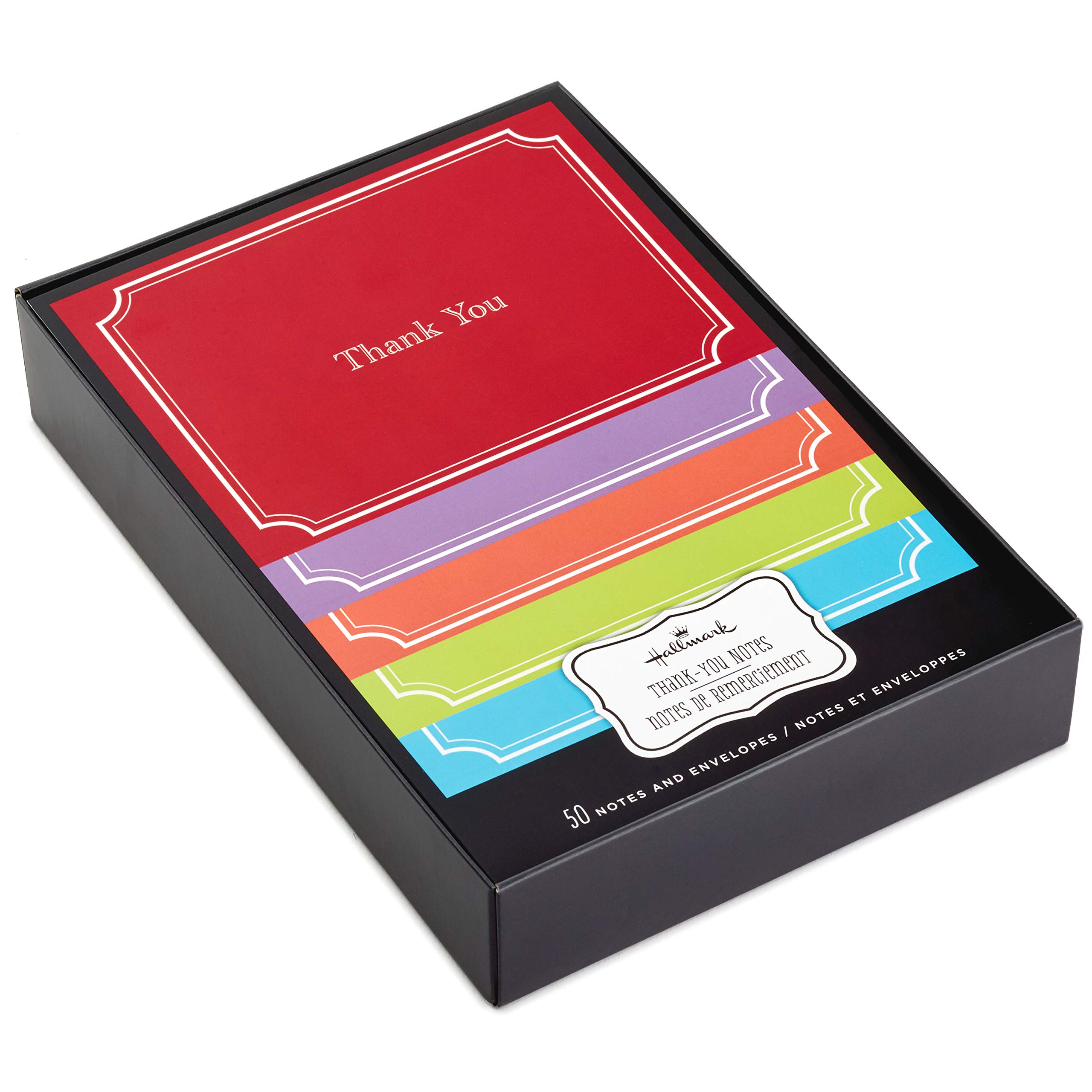 Hallmark Thank You Card Multipack, Pack of 50, 5 Colours, Red, Yellow, Blue, Purple, Green