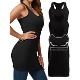 Missclub 3 Pack Womens Extra Long Tank Tops with Shelf Bra Racerback Tanks | Long Torso, Ribbed Tunic Shirts, Full Length Layering, Slim Fit, 4 Way Stretch, Lounge, Casual, Workout, Yoga