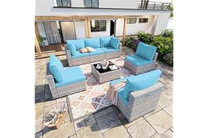 Sweecci 7-Piece Patio Furniture Set, Outdoor Sectional with Thick Cushions, Modular Patio Sofa, Dual-Strand Wicker Rattan, Rust-Resistant Frame, Backyard Furniture for Garden, Deck, Lake Blue