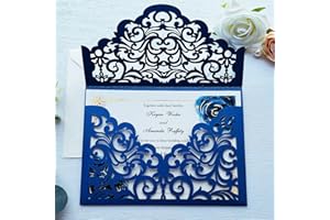 KUCHYNEE 5.1 x7.1 inch 50PCS Navy Blue Flora Laser Cut Wedding invitation Pocket with Envelopes Wedding Invitations Kit for Q