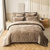 Fredsure Distressed Velvet Comforter Set, 5 Pieces Khaki Queen, Distressed Velvet Face and Brushed Microfiber Reverse