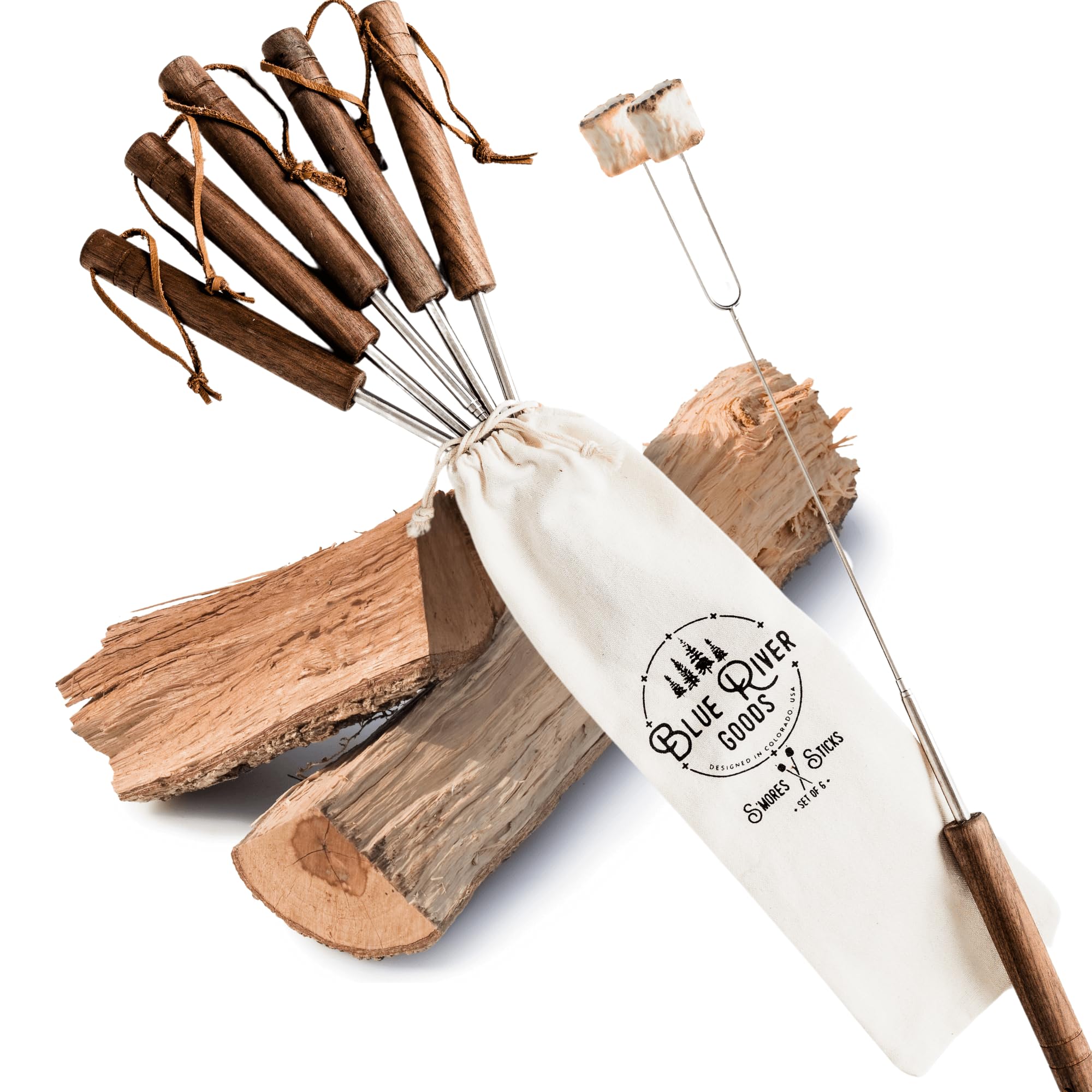 Photo 1 of Blue River Goods Smores Sticks | Set of 6 Marshmallow Roasting Sticks | Extendable Stainless Steel w/Walnut Handles | Smore Sticks for Marshmallow Sticks for Fire Pit | Smore Sticks for Fire Pit
