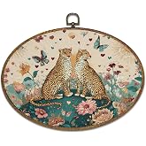 kdqua Vintage Floral Cheetah Leopard Oval Wall Art Decor, Mystical Maximalist Cheetah Canvas Artwork Framed, Surreal Leopard Wall Hanging Decorations for Home Girl Room Bedroom Dorm, 11.4x8.6 Inch