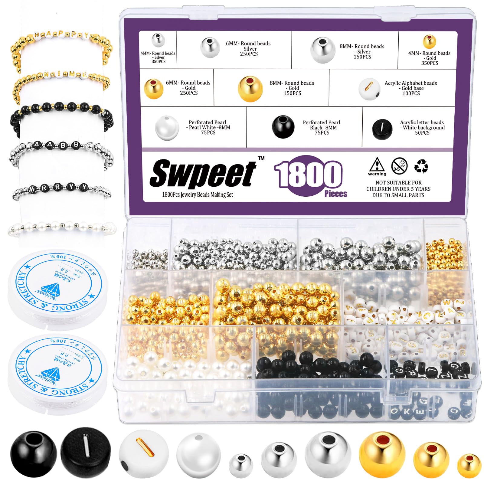 Swpeet 1802Pcs Round Spacer Beads Making Set - 4mm 6mm 8mm Gold Silver Loose Ball with Elastic String for DIY Bracelet Craft Jewelry Making