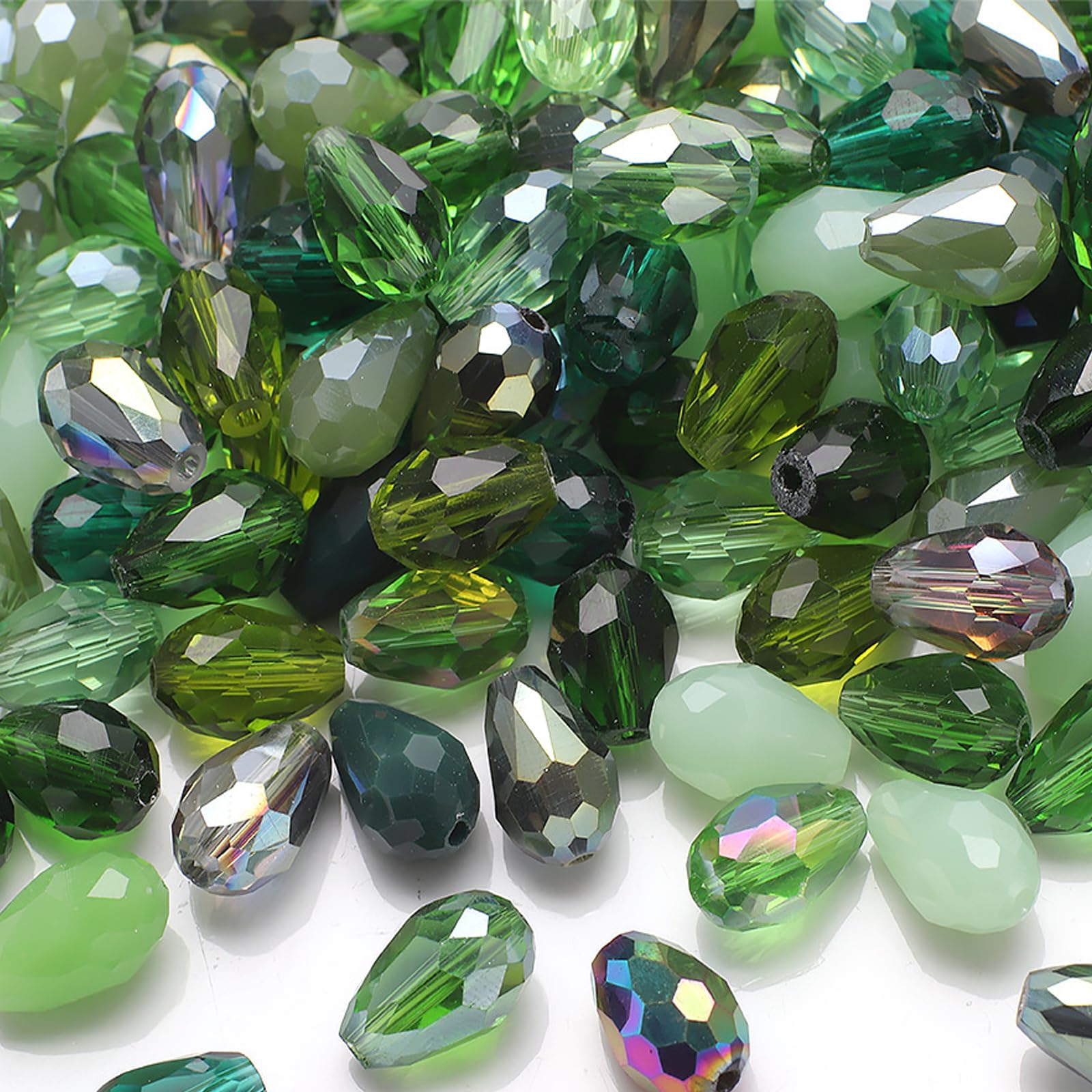 Photo 1 of 50PCS 10 * 15MM Teardrop Crystal Glass Beads for Jewelry Making, Green Series Faceted Vertical Hole Teardrop Glass Spacer Beads Bulk for Bracelet Necklace Earring Wind Chime DIY Crafts Projects