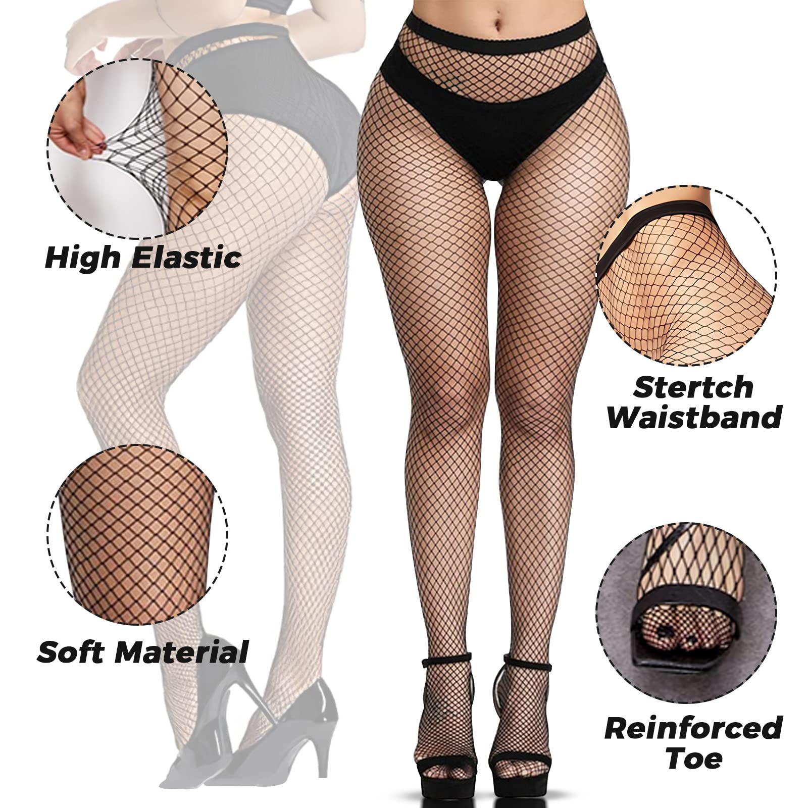 Buauty 3 pcs black fishnet stockings for women, fishnet tights plus size one size fit all