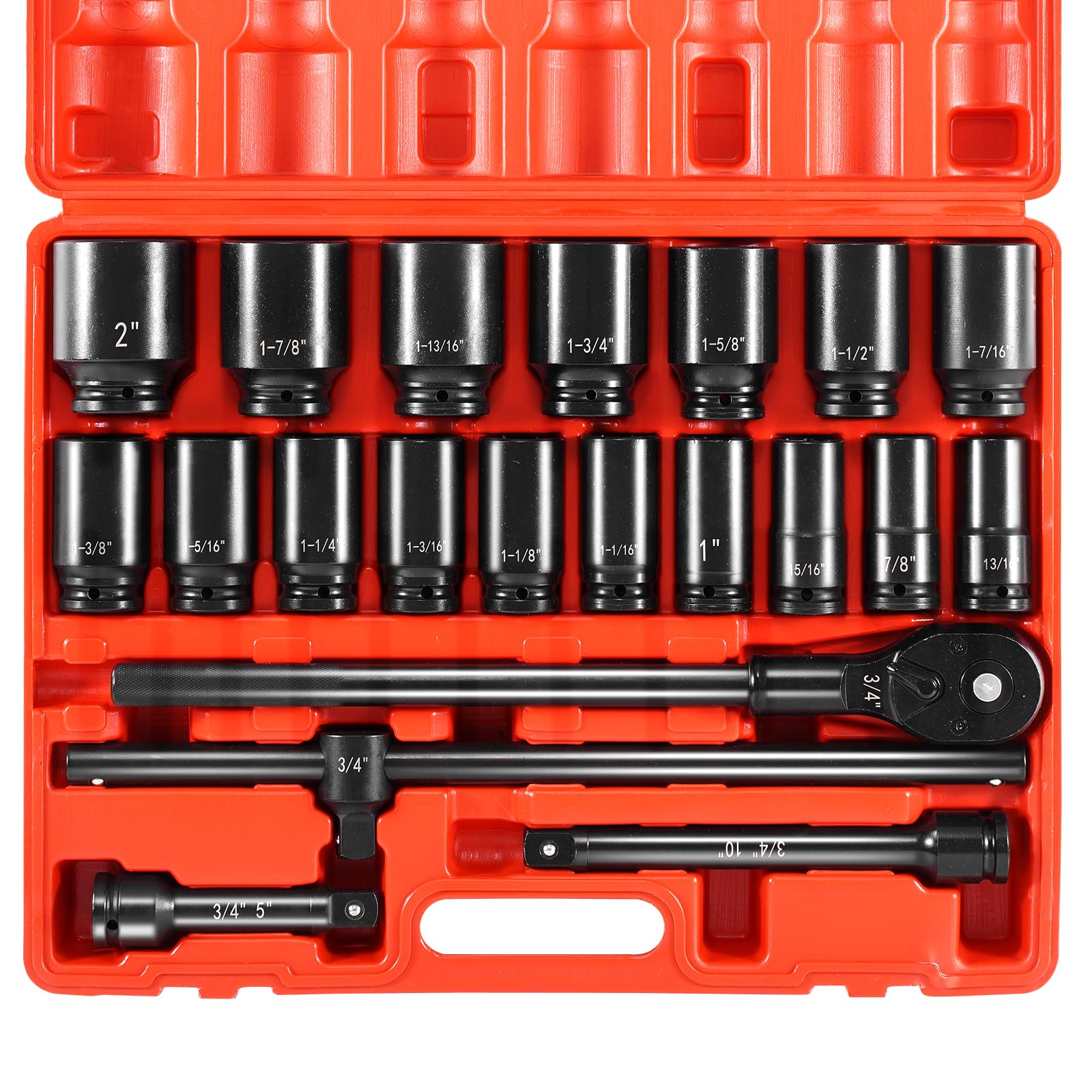 VEVOR Impact Socket Set 3/4 Inches 22 Piece Deep Impact Sockets, 6-Point Sockets, Rugged Construction, CR-V Drive Socket Set Impact SAE 13/16 inch - 2 inch, Includes Carrying Case and Ratchet Handle Image VEVOR Impact Socket Set 3/4 Inches 22 Piece Deep Impact Sockets, 6-Point Sockets, Rugged Construction, CR-V Drive Socket Set Impact SAE 13/16 inch - 2 inch, Includes Carrying Case and Ratchet Handle Image