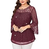 ZOMVA Women's Plus Size Ruffle 3/4 Sleeve Blouses Casual Elegant Dressy Crew Neck Double Layers Sparkly Mesh Tunic Tops