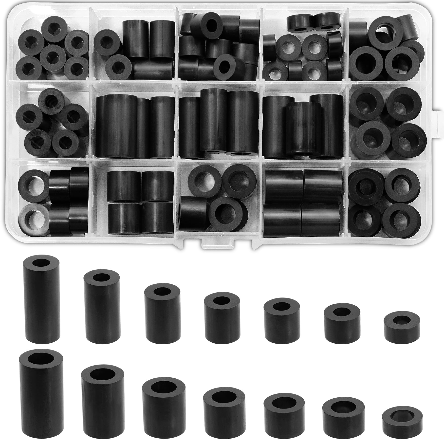 Brelet 90pcs ABS Round Spacer Washer Assortment Kit, M6 M8 Nylon Non-Threaded Column Standoff Support, Insulation Column Standoff Spacer, Plastic Spacers with Storage Box, 14 Different Sizes Black — image 1