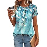 Zeagoo Womens Casual T Shirts for Summer 2025 Short Sleeve Crewneck Tunic Shirts Floral Print Tops Pleated Dressy Blouse