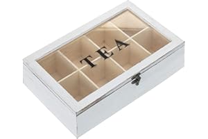MyGift Vintage White Solid Wood Tea Organizer Box - 8 Compartments, Tea Bags and Condiments Packet Holder with Lid with Latch