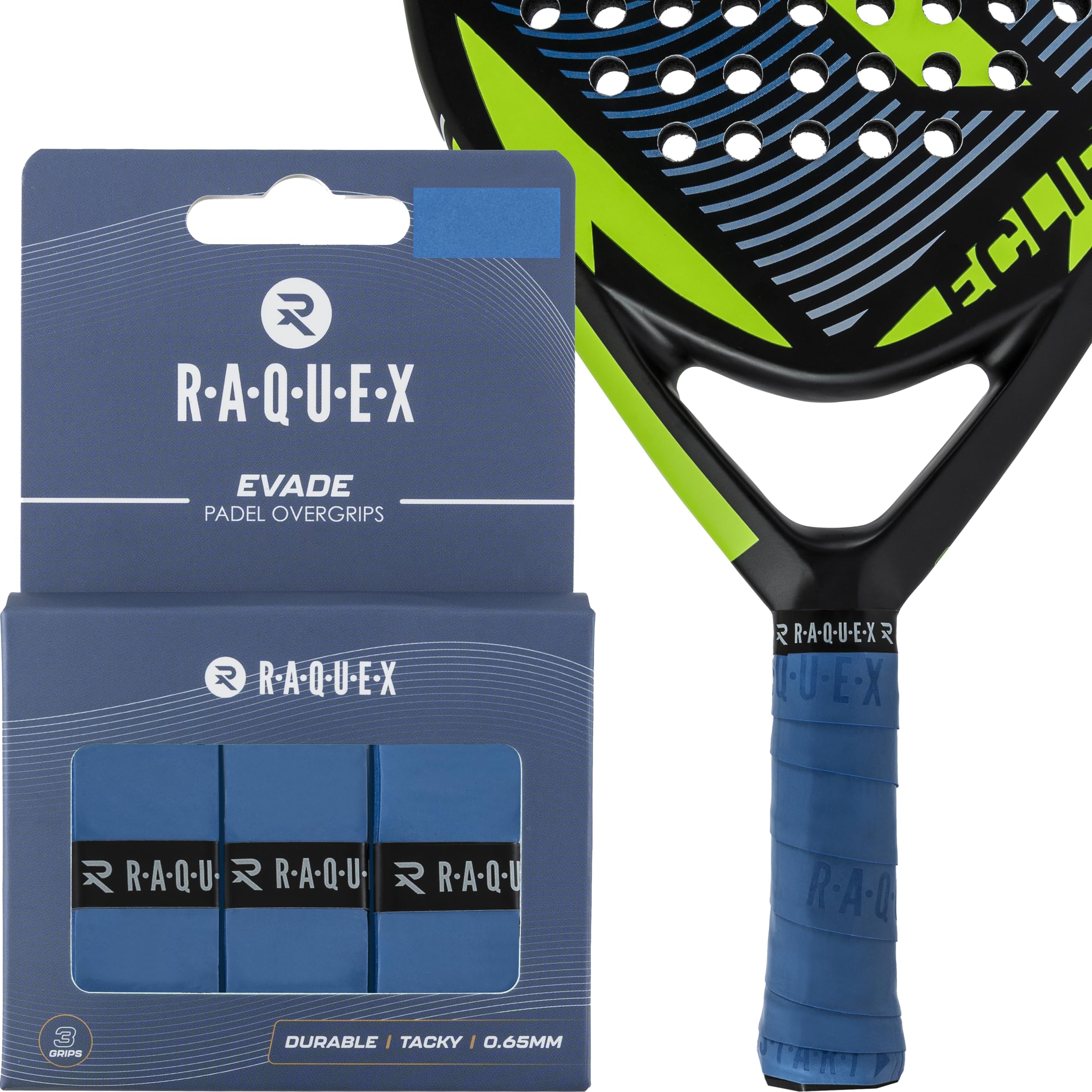 Raquex Evade Padel Racket Overgrip – 10 Colours - 3 Pack Padel Ball or Pickleball Racquet Tape, 0.65mm Thickness – Absorbent, Slightly Tacky Anti Slip Over Grip (Blue)
