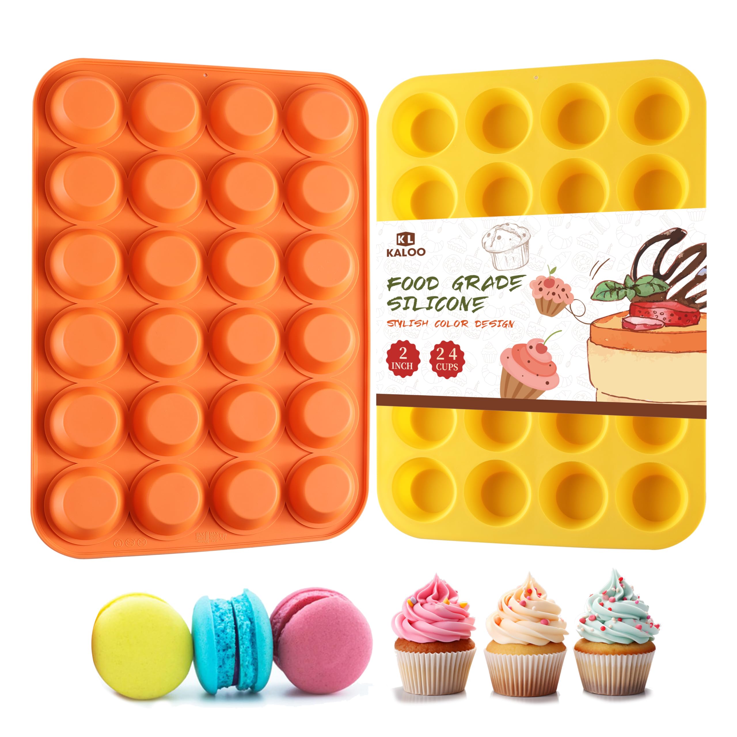 Photo 1 of 2PCS Silicone Mini Muffin Cupcake Pan, Kaloo Nonstick 24 Cups Silicone Muffin Pans for Baking, Great for Muffin, Cakes, Tart, Bread, Dishwasher Safe (Stylish Orange + Yellow, 24 Cups Each)
