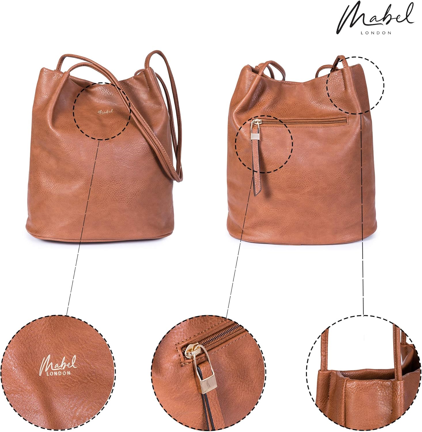 Mabel London Women's Fashion Designer Medium Size Plain Soft Vegan Leather Hobo Bucket Tote Shoulder Bag - Delilah (Light Grey) - Image 5