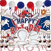 Baseball Birthday Party Decorations, Include Plates, Napkins, Hanging Swirls, Backdrop, Cake Toppers, Triangle Banner, Paper Pom Poms,Serve 16
