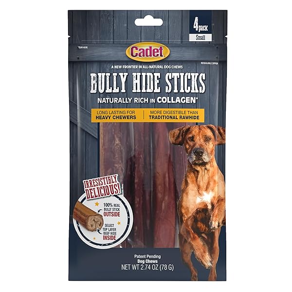 CADET BULLY HIDE STICKS FOR SMALL DOGS, ALL-NATURAL BEEF PIZZLE, LIMITED-INGREDIENT LONG-LASTING DOG CHEWS FOR AGGRESSIVE CHEWERS, 4 COUNT