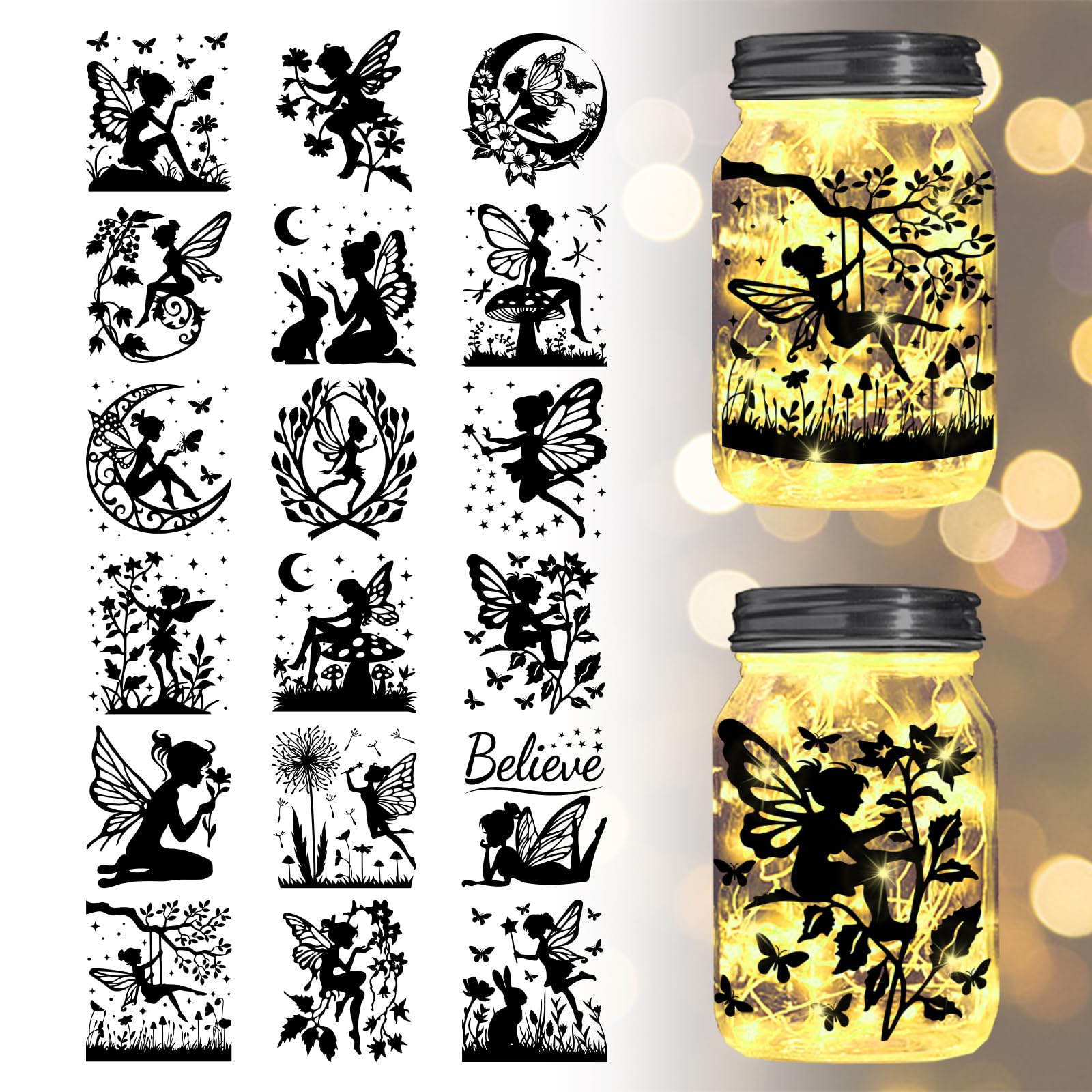 GLOBLELAND 18 Sheets Fairy Transfer Stickers 3.9x3.6inch Butterfly Fairy Decals Stickers Moon and Fairy Rub on Transfer for Furniture Vase Glass Mason Jars Decorations Art Crafts