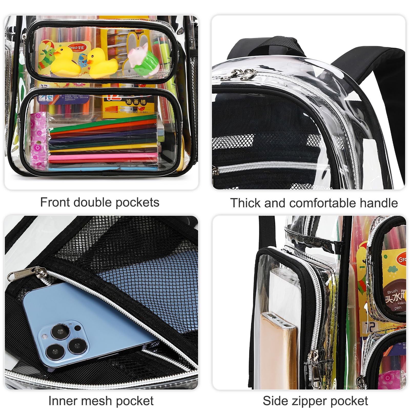 CAMTOP Clear Backpack Heavy Duty Transparent Bag See Through BookBag for Student School Work Festival Sport Travel (Black)