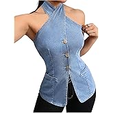 Milumia Women Criss Cross Tie Front Denim Vest Button Front Sleeveless Halter Tops