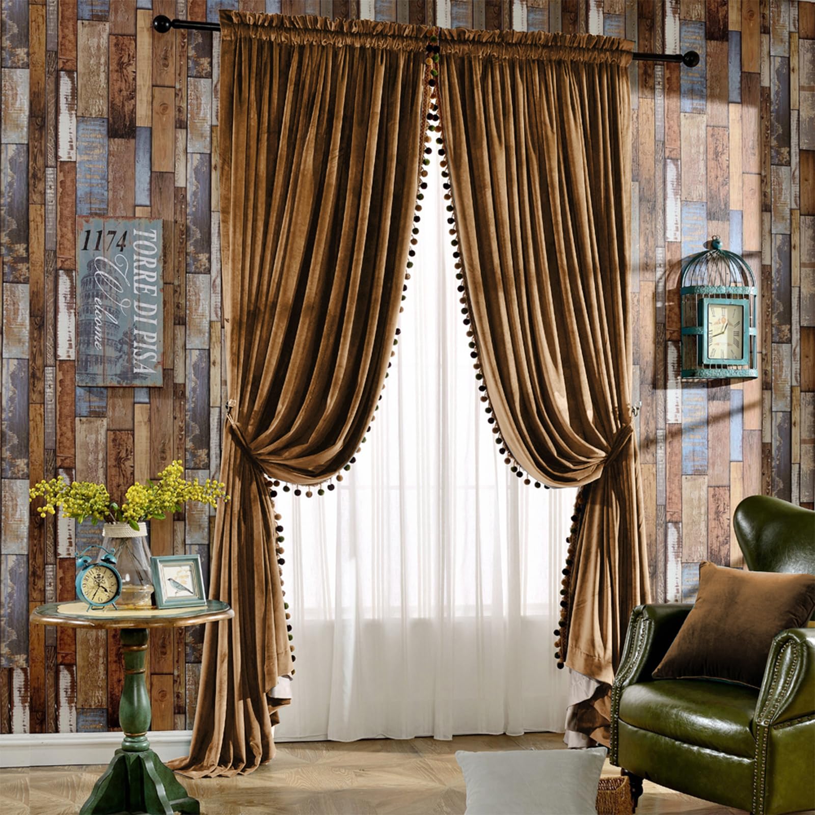 melodieux pom poms velvet blackout curtains for bedroom living room, vintage luxury thermal insulated rod pocket lined drapes, 52" w x 84" l, golden brown (2 panels)