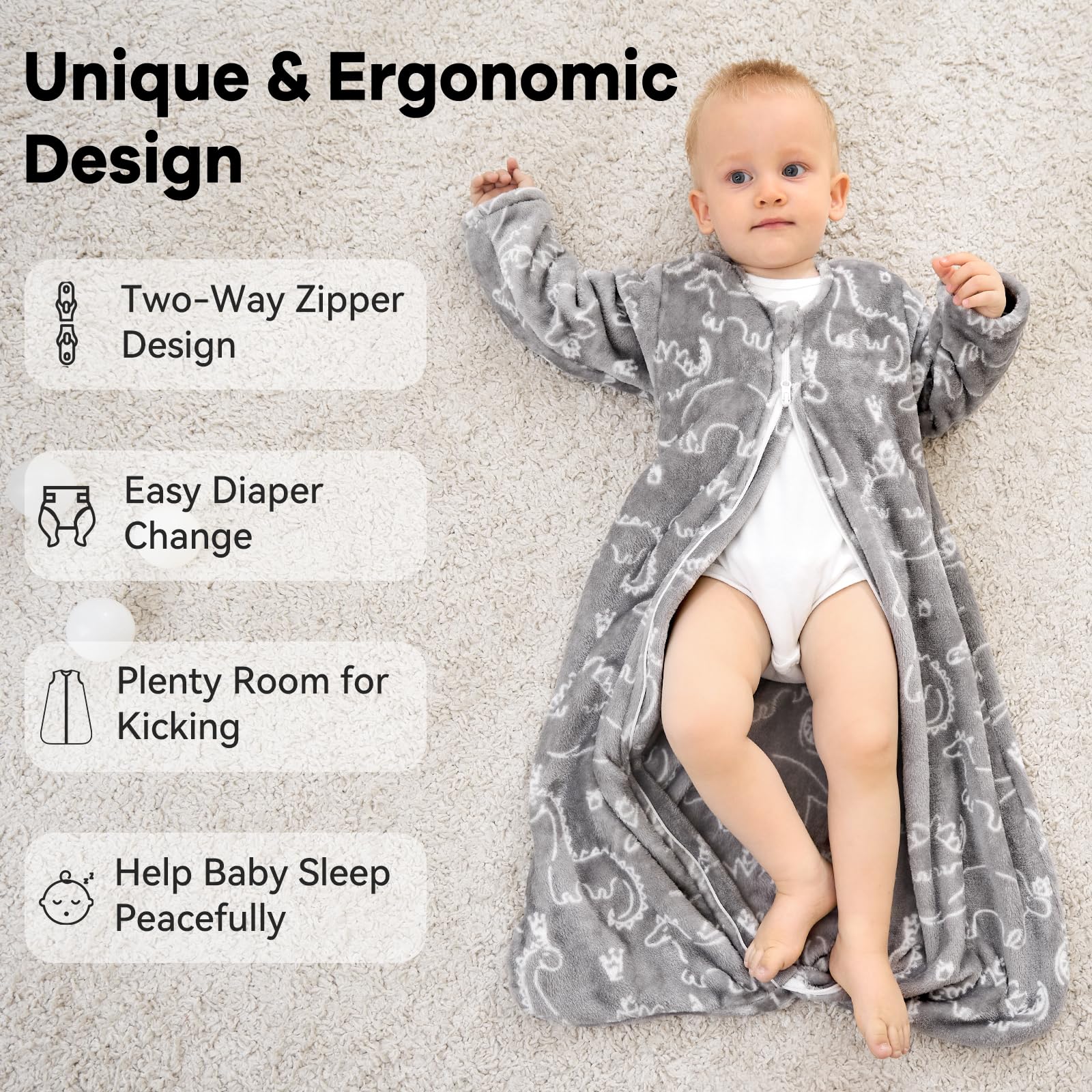Unnivoll Unnivoll Fleece Baby Sleep Sack 6-12 Months Long Sleeve 2.0 Tog Baby Wearable Blanket with 2-Way Zipper Warm Sleeping Sack for Toddler Infant Newborn - Medium Grey White Dinosaur