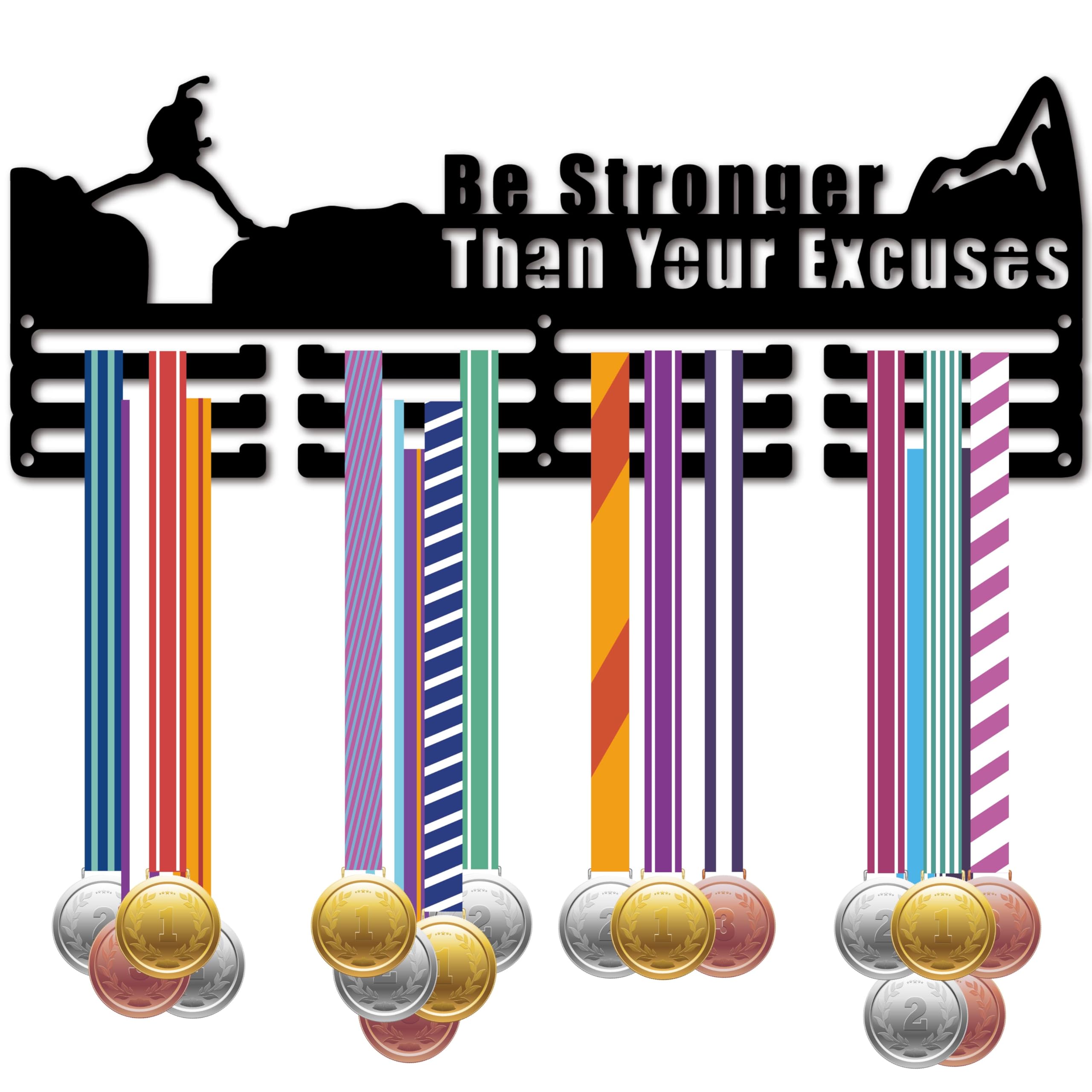 CREATCABIN Medal Holder Display Medal Hanger Medal Wall Mount Frame Sports Black Organizer Rack for Hanging 60 Medals Awards Running Football Soccer Swimming 15.7x5.9Inch-Be Stronger Than Your Excuses