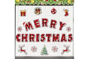 JAYEE Garage Door Christmas Decorations Magnets, 8" Large Merry Christmas Garage Door Banner, Car Magnets Refrigerator Stickers Decal, 25 Pcs Buffalo Plaid Magnetic Xmas Holiday DIY Decor