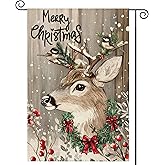 Tikeciti Christmas Wood Grain Deer Welcome Garden Flag 12x18 Inch Double Sided, Xmas Berry Pine Winter Snowflake Burlap Small Yard Flag Farmhouse Flags Seasonal Patio Outdoor Outside Decoration