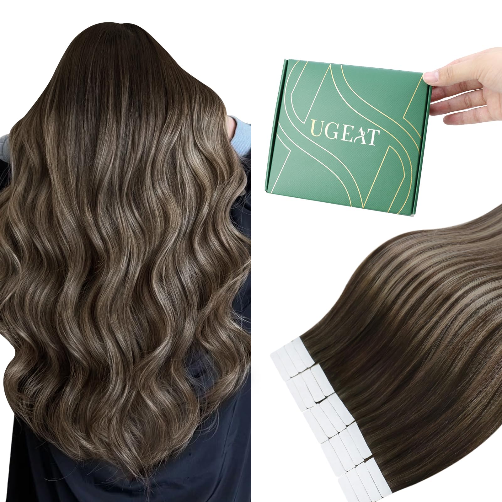 Ugeat Tape in Human Hair Extensions 16 Inch Ash Blonde Balayage Hair Extensions Tape in Real Human Hair Dark Brown Balayage 50G 20Pcs #4/18/4 for Party