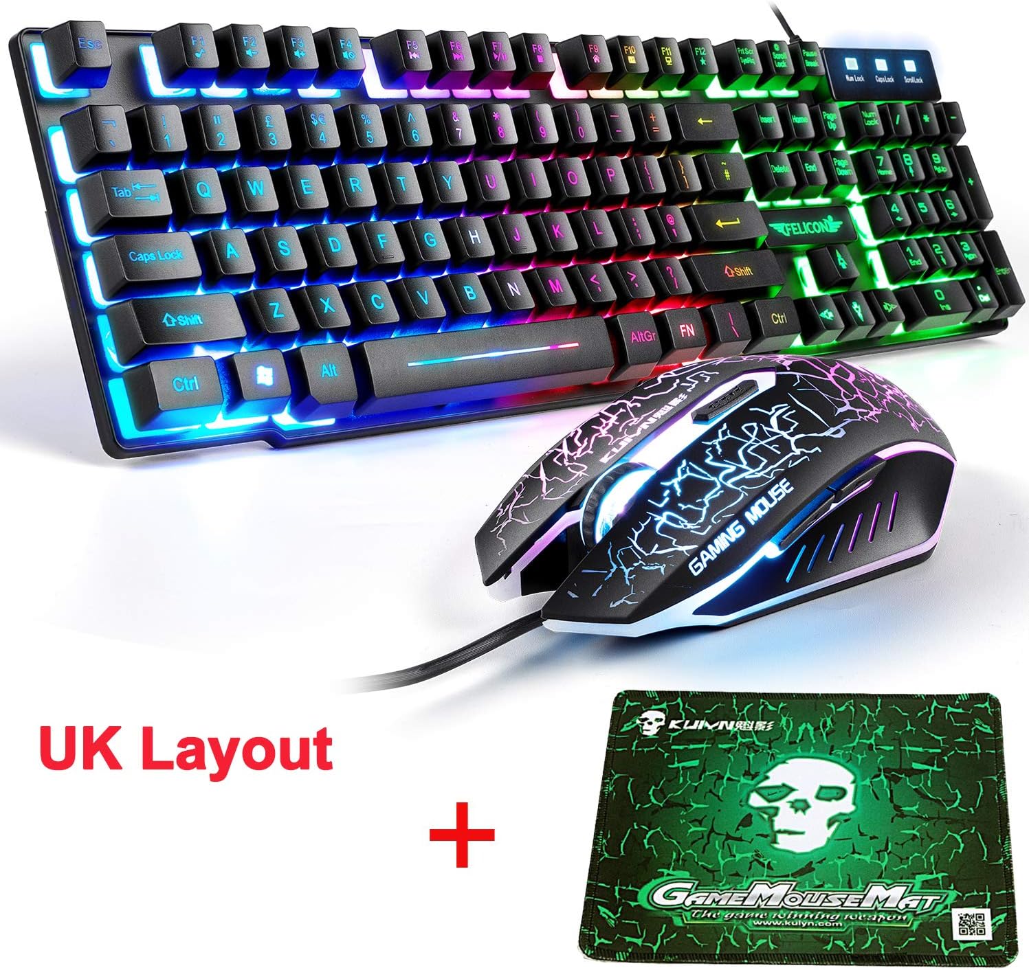 LexonElec T8 UK Disposición Juegos de Teclado y Mouse para Juegos Retroiluminación retroiluminada Rainbow USB Gaming Keyboard + 2400DPI 6 Botones Optical Rainbow LED USB Gaming Mouse + Mouse Pad: Amazon.es: Electrónica