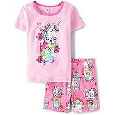 The Children's Place girls 100% Cotton Short Sleeve Top and Shorts 2 Piece Pajama Set