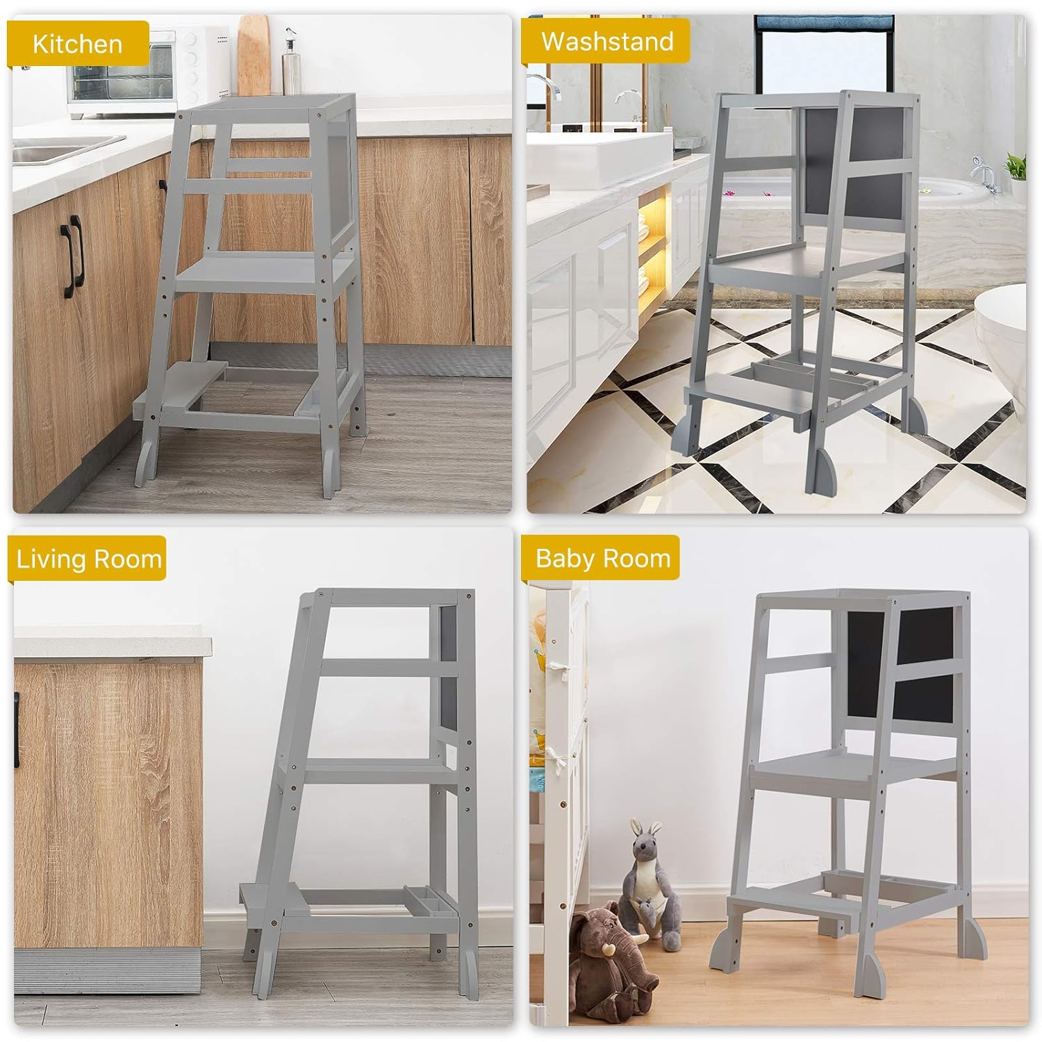 WORTHYEAH Kids Step Stool with Safety Rails, Toddler Step Towers with Blackboard, Bamboo Toddler Kitchen Step Stools with Chalkboard, Comfortable Kitchen Helper Children's Stool : Baby
